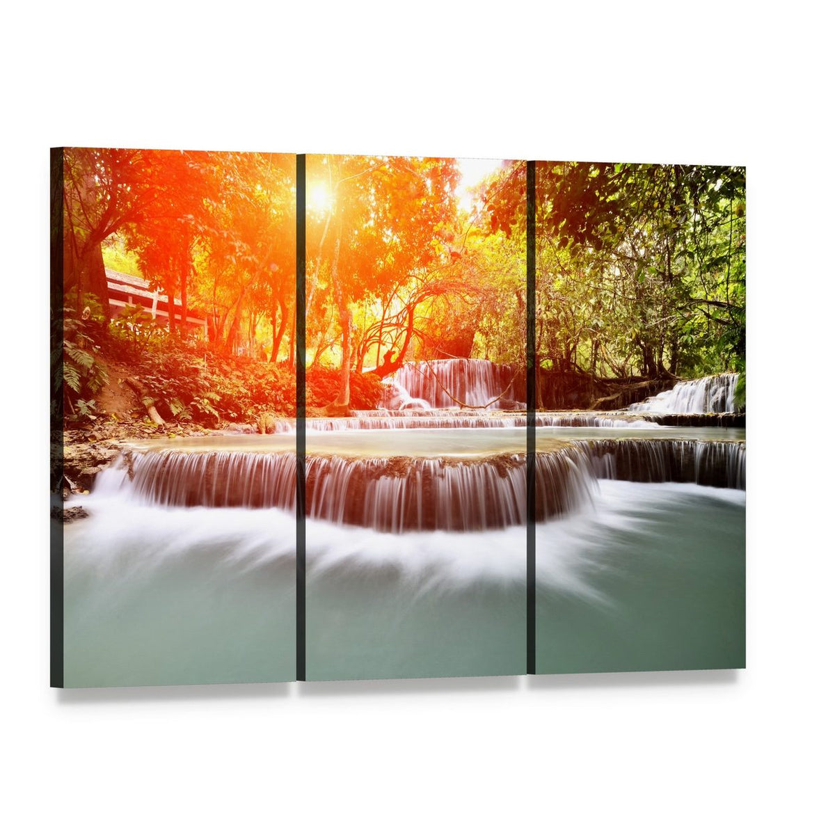 Sunlit Forest Waterfall Canvas Wall Art, 3 panel 3 Horizontal layout gallery wrapped canvas set, angled product view