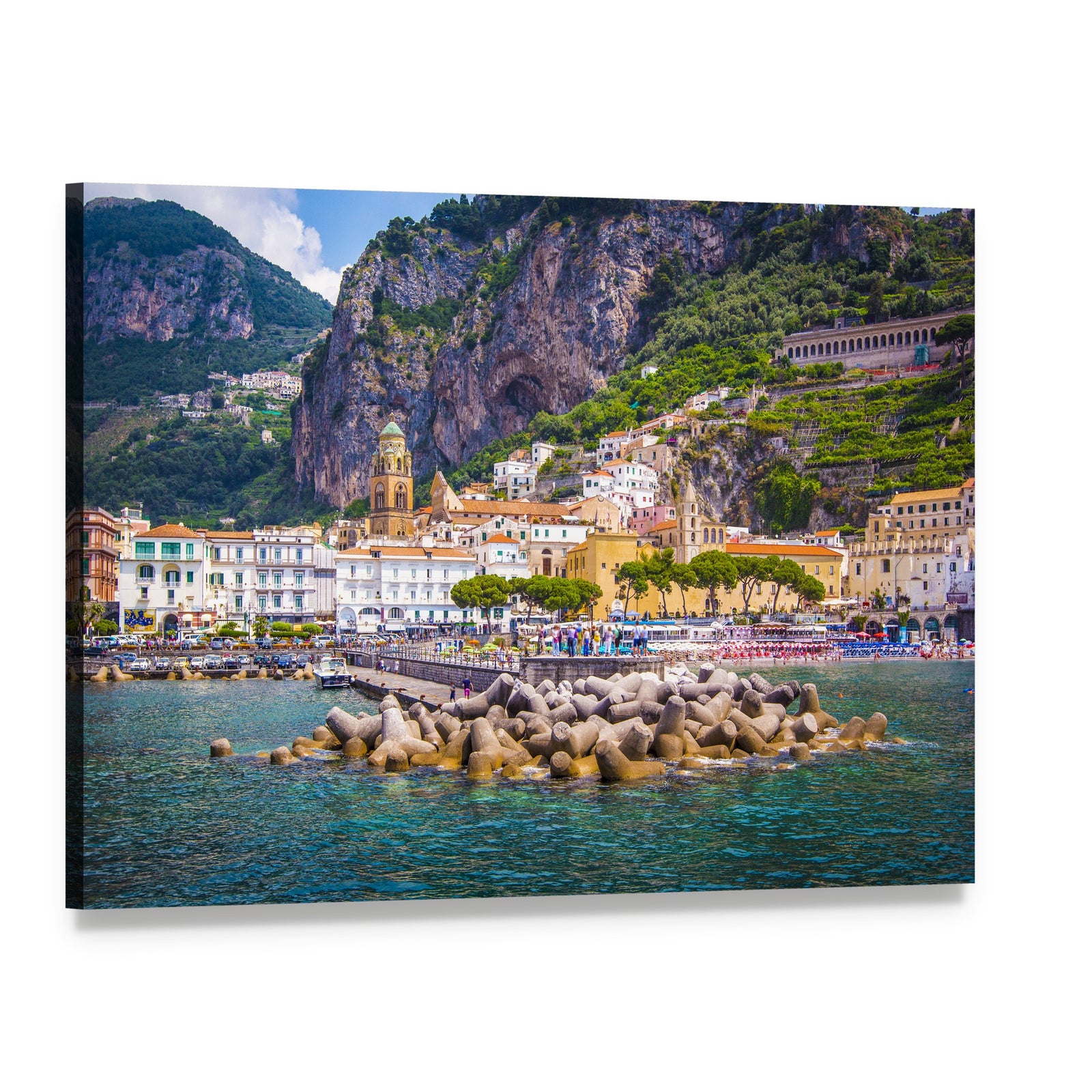 Amalfi Coast Harbor with Church Tower Canvas Wall Art, single panel gallery wrapped canvas, angled product view