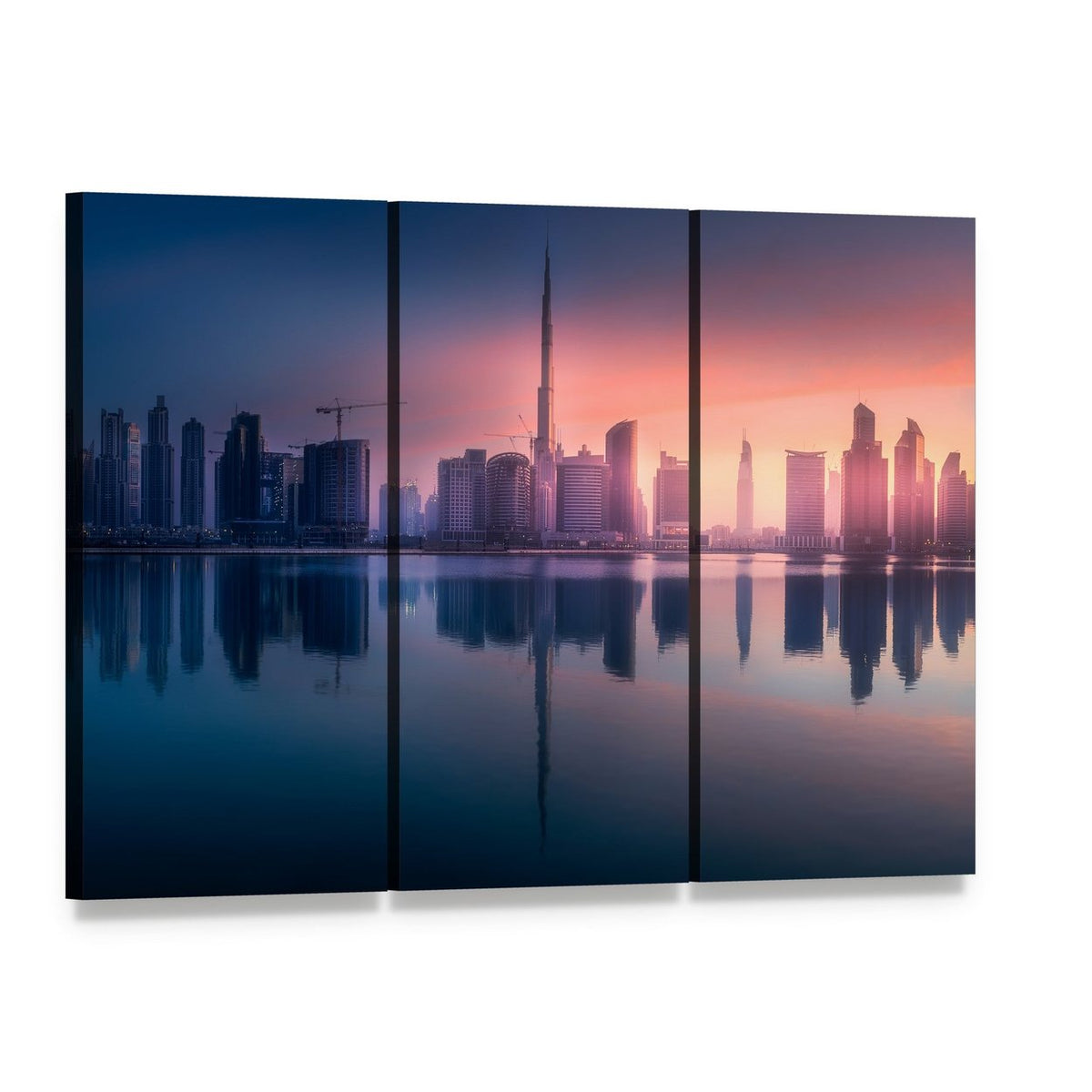 Dubai Business Bay Skyline at Sunset Canvas Wall Art, 3 panel 3 Horizontal layout gallery wrapped canvas set, angled product view