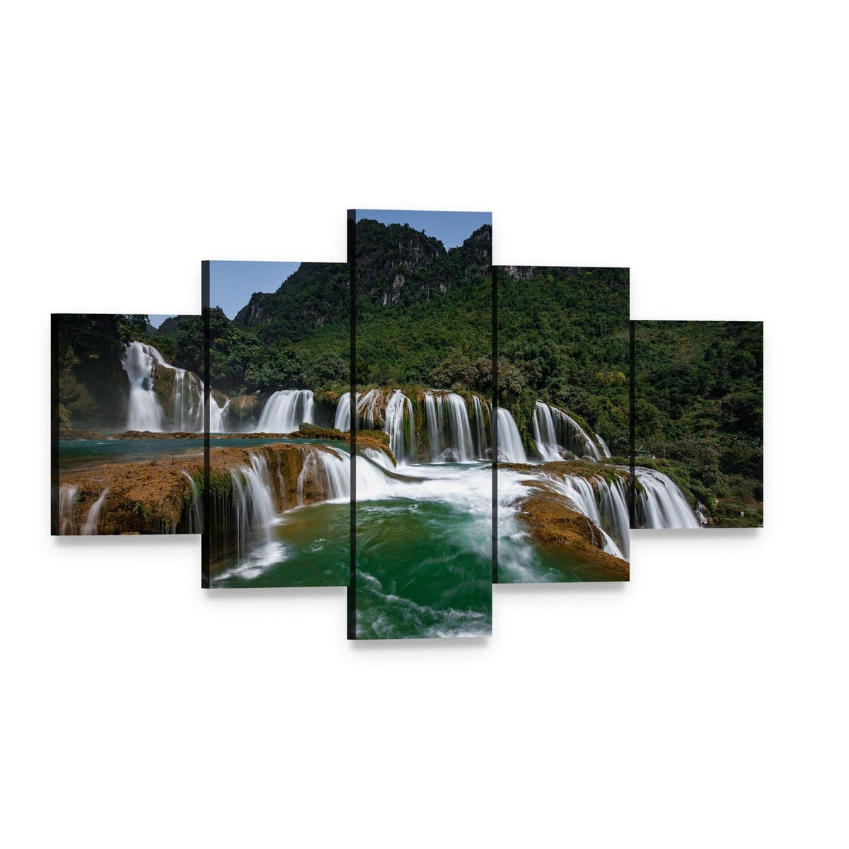 Detian Waterfall with Lush Green Mountains Canvas Wall Art, 5 panel 5 Star layout gallery wrapped canvas set, angled product view