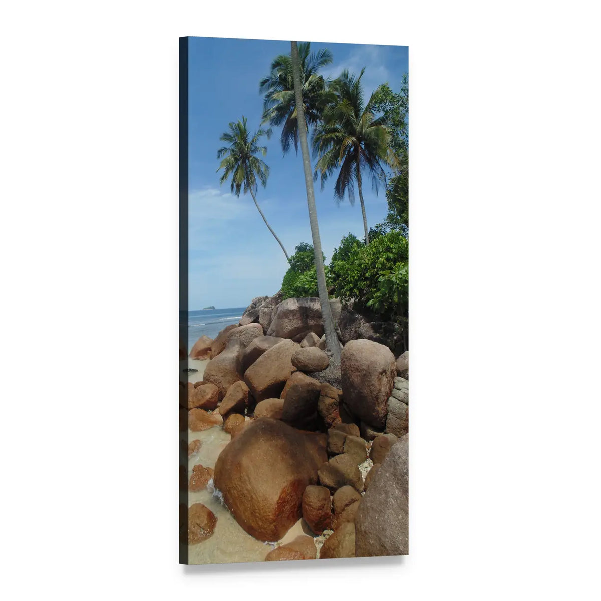 Tropical Palm Beach with Ocean Rocks Vertical Canvas Wall Art, 1 panel 1 Vertical layout gallery wrapped canvas set, angled product view