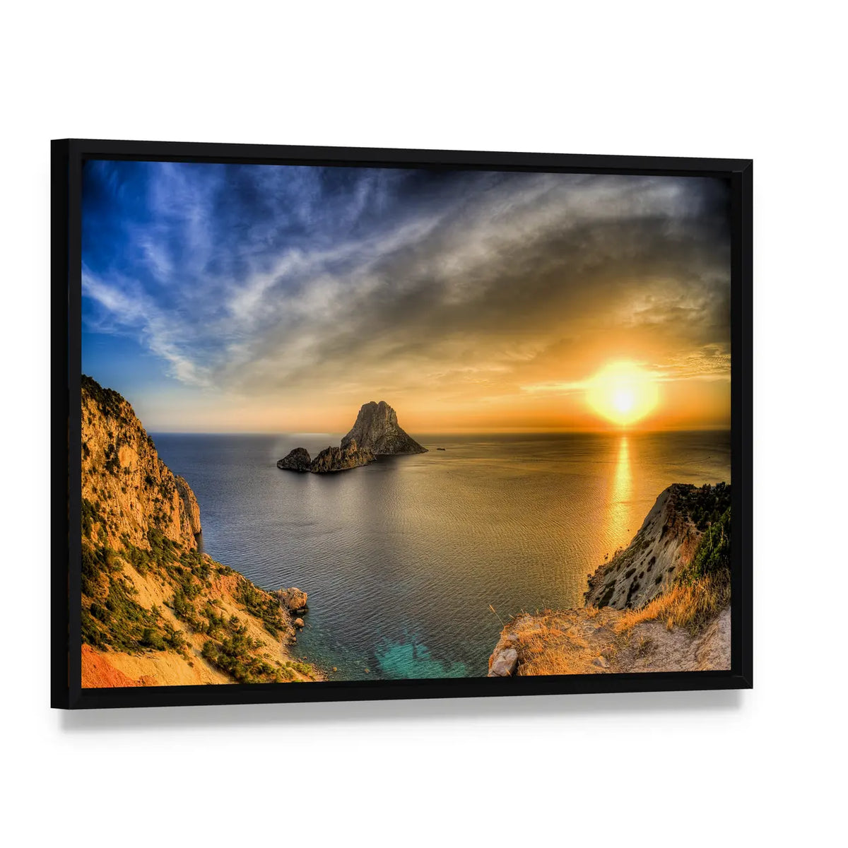 Rocky Coast Sunset with Sea Stack Canvas Wall Art, framed canvas in a black floater frame, angled product view