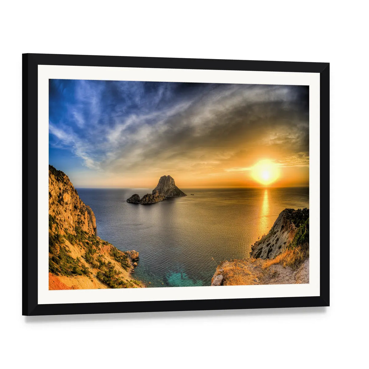 Rocky Coast Sunset with Sea Stack Canvas Wall Art, framed print with white mat and black frame, angled product view