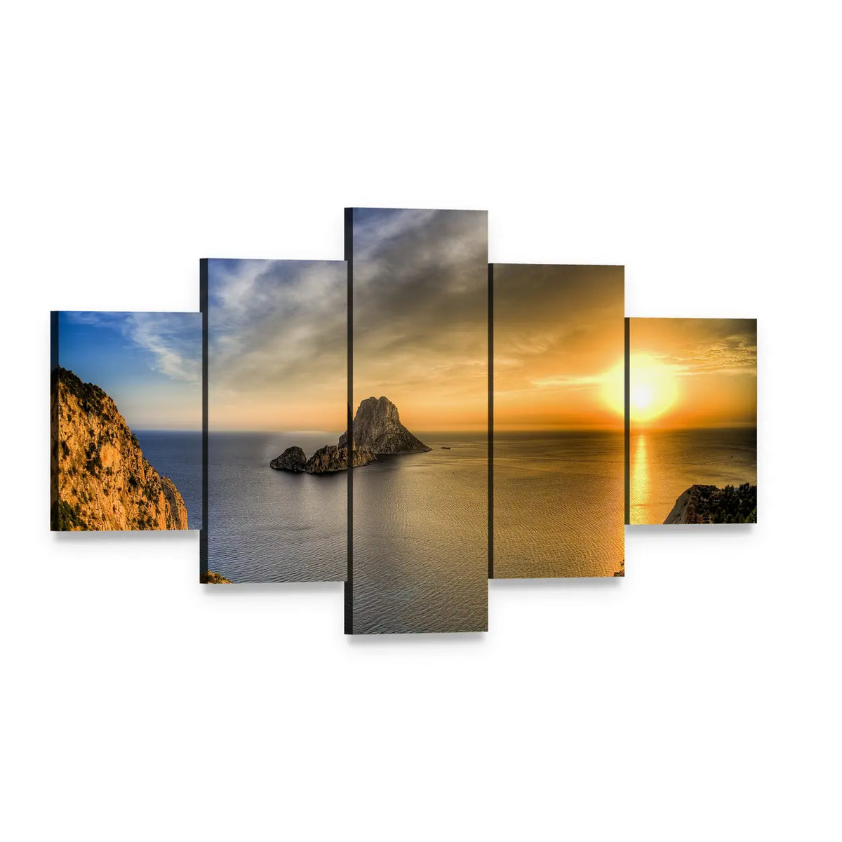 Rocky Coast Sunset with Sea Stack Canvas Wall Art, 5 panel 5 Star layout gallery wrapped canvas set, angled product view