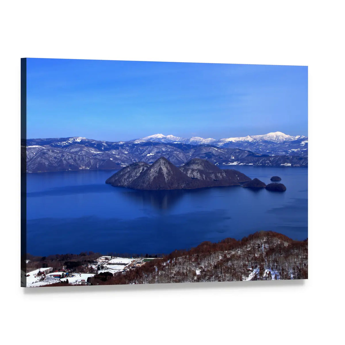 Winter Lake with Forested Islands Canvas Wall Art, single panel gallery wrapped canvas, angled product view