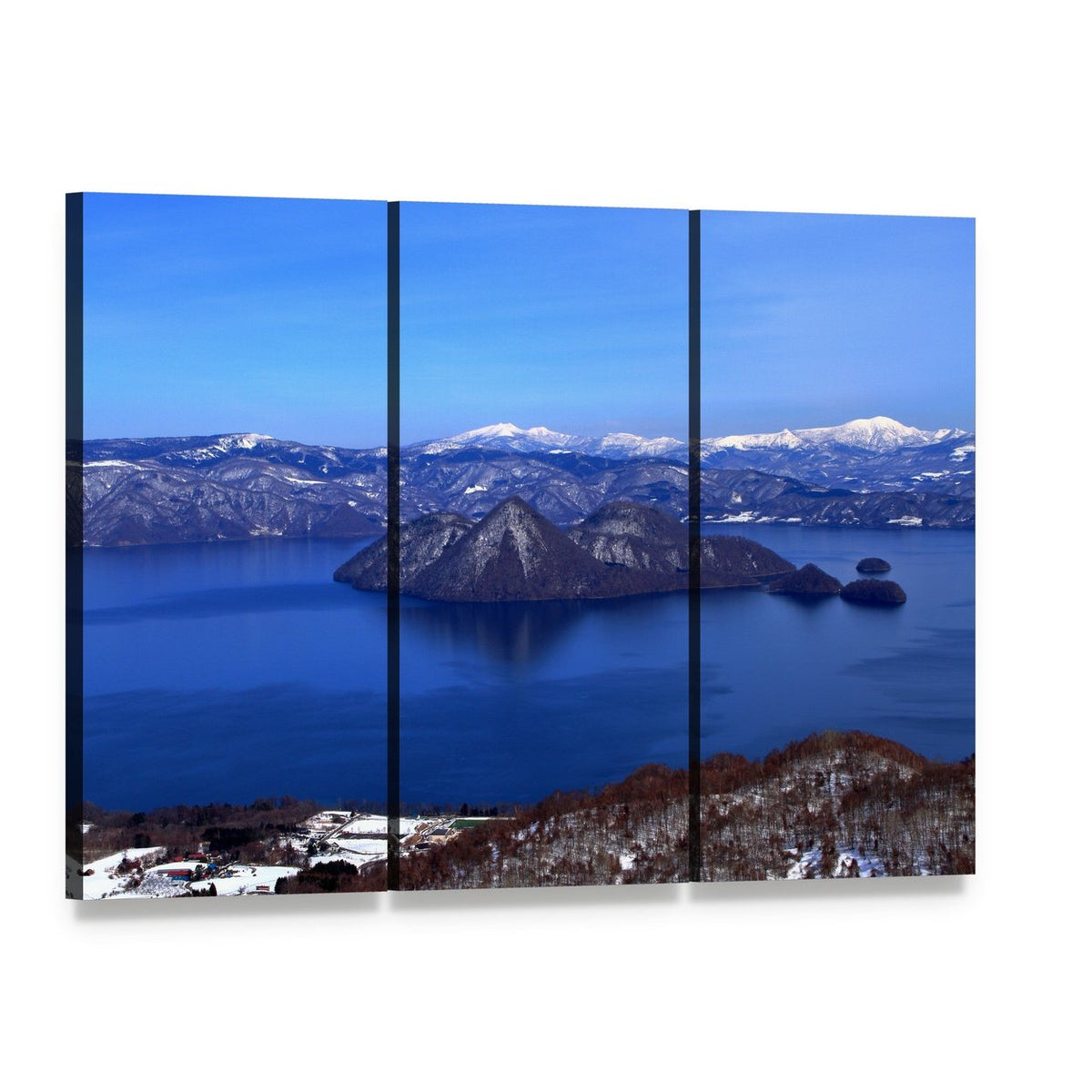 Lake Toya in Hokkaido Canvas Wall Art, 3 panel 3 Horizontal layout gallery wrapped canvas set, angled product view