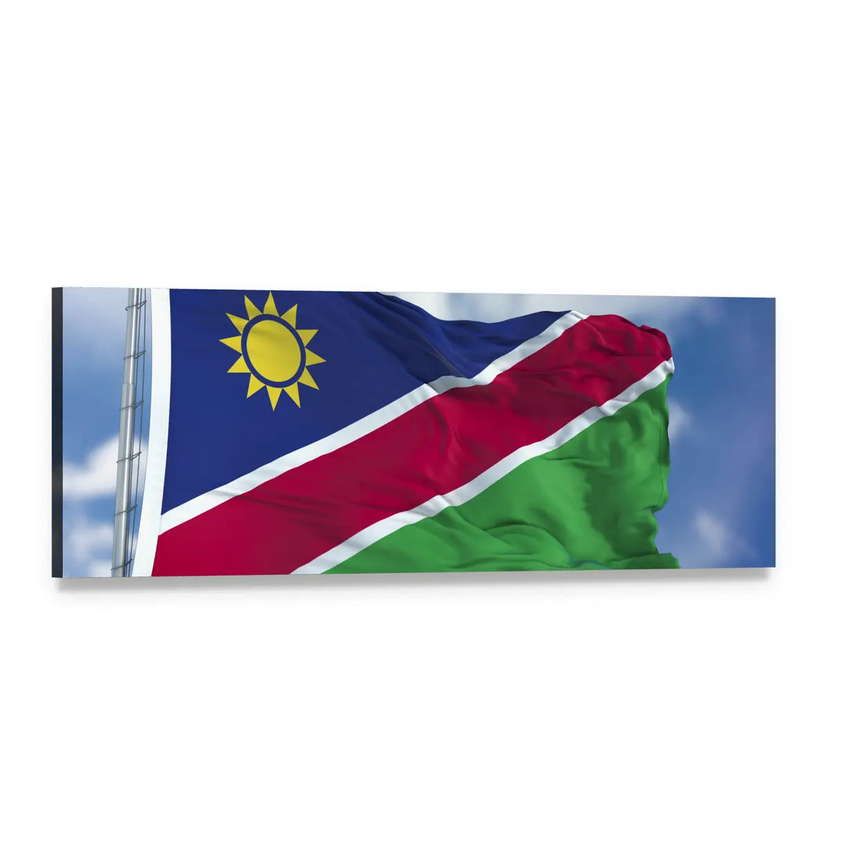 Waving Namibian Flag with Golden Sun Panoramic Canvas Wall Art, single panel gallery wrapped canvas, angled product view