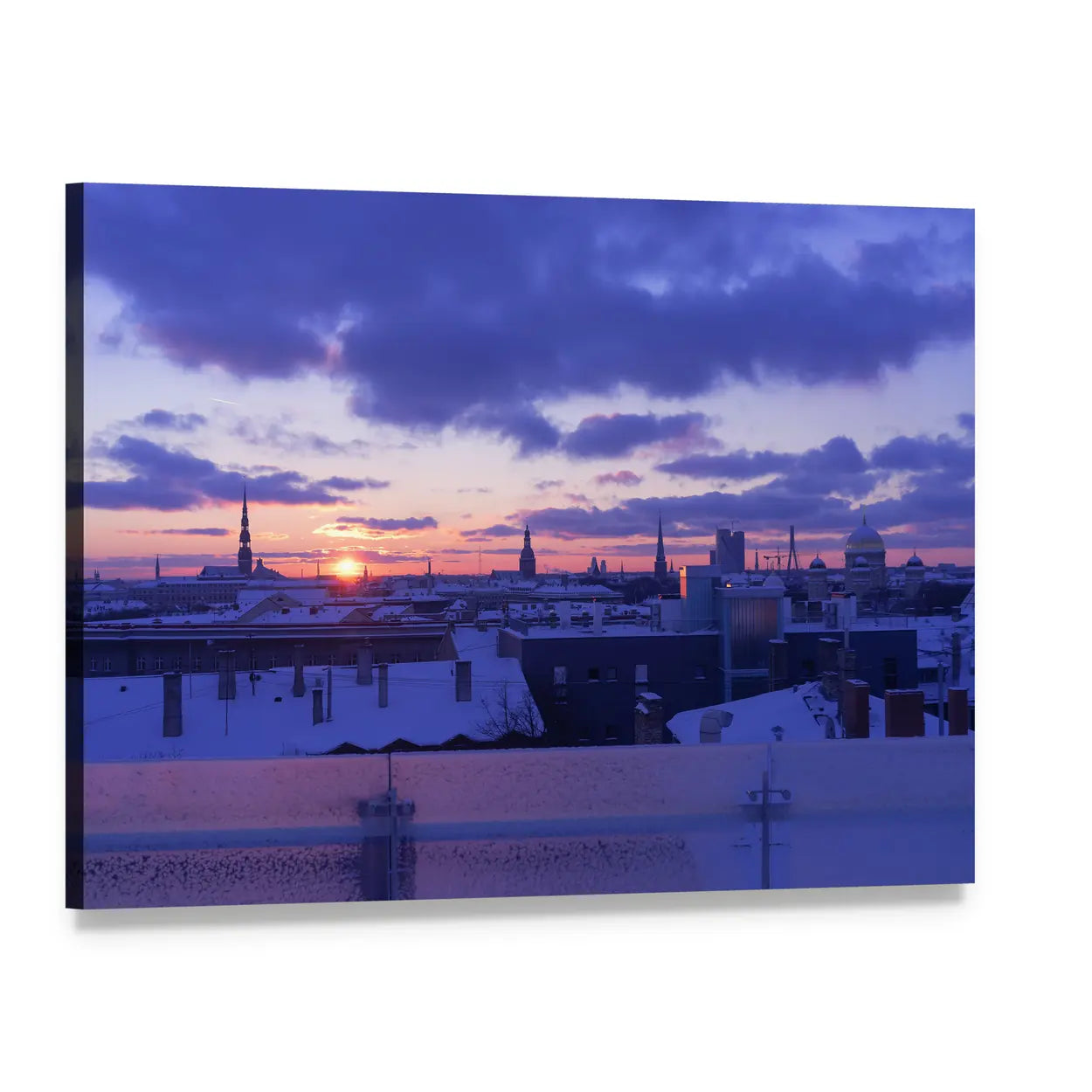 Riga Winter Sunset Skyline Canvas Wall Art, single panel gallery wrapped canvas, angled product view