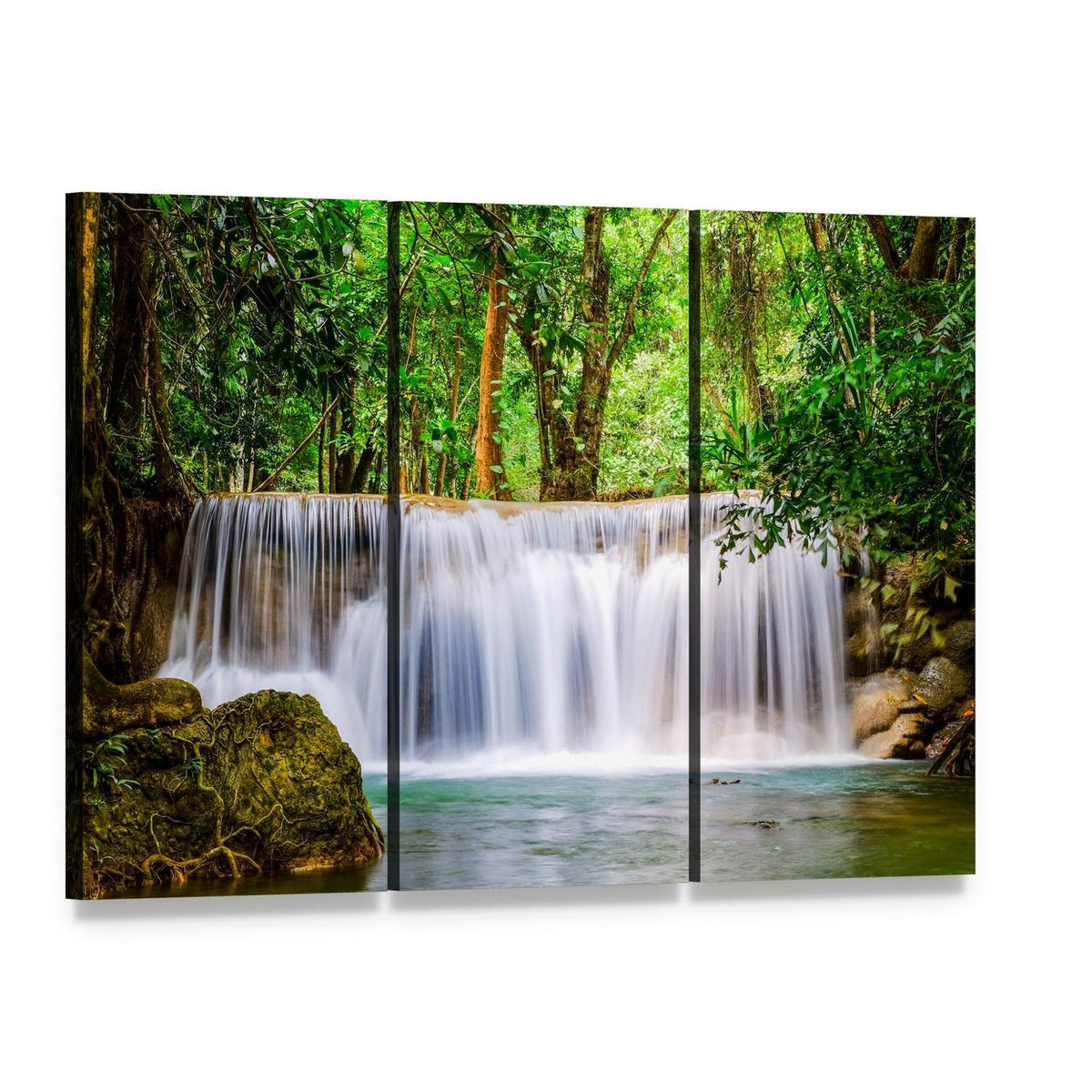 Lush Green Waterfall with Moss-covered Rocks Canvas Wall Art, 3 panel 3 Horizontal layout gallery wrapped canvas set, angled product view