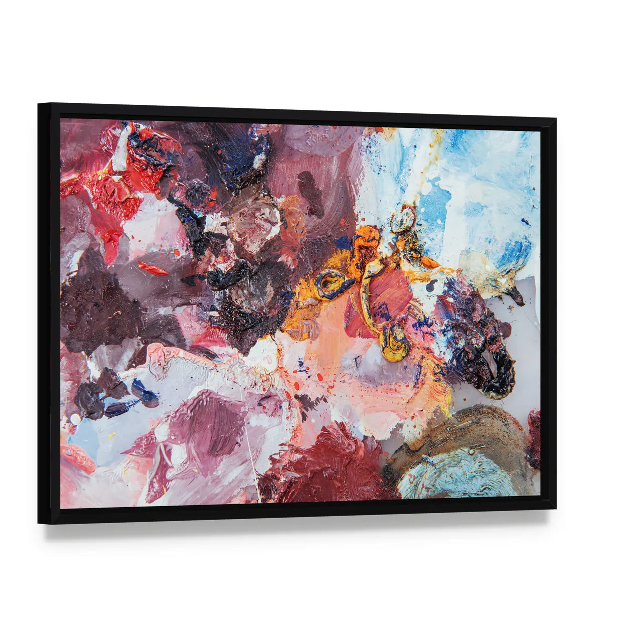Multicolored Impasto Brushstrokes Canvas Wall Art, framed canvas in a black floater frame, angled product view