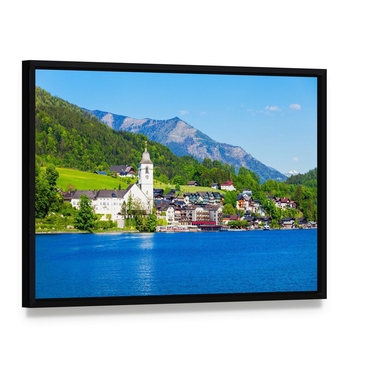 St Wolfgang Church by the Lake Canvas Wall Art, framed canvas in a black floater frame, angled product view