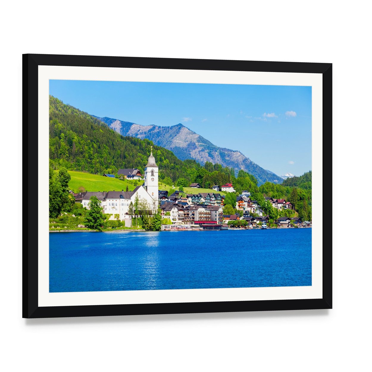 St Wolfgang Church by the Lake Canvas Wall Art, framed print with white mat and black frame, angled product view