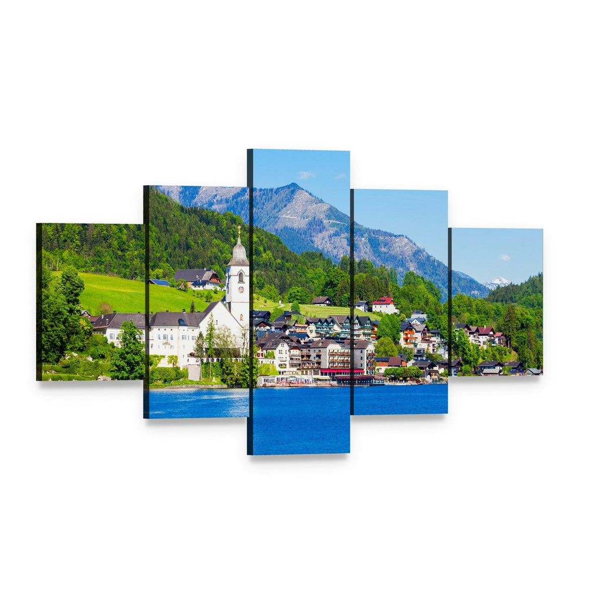 St Wolfgang Church by the Lake Canvas Wall Art, 5 panel 5 Star layout gallery wrapped canvas set, angled product view