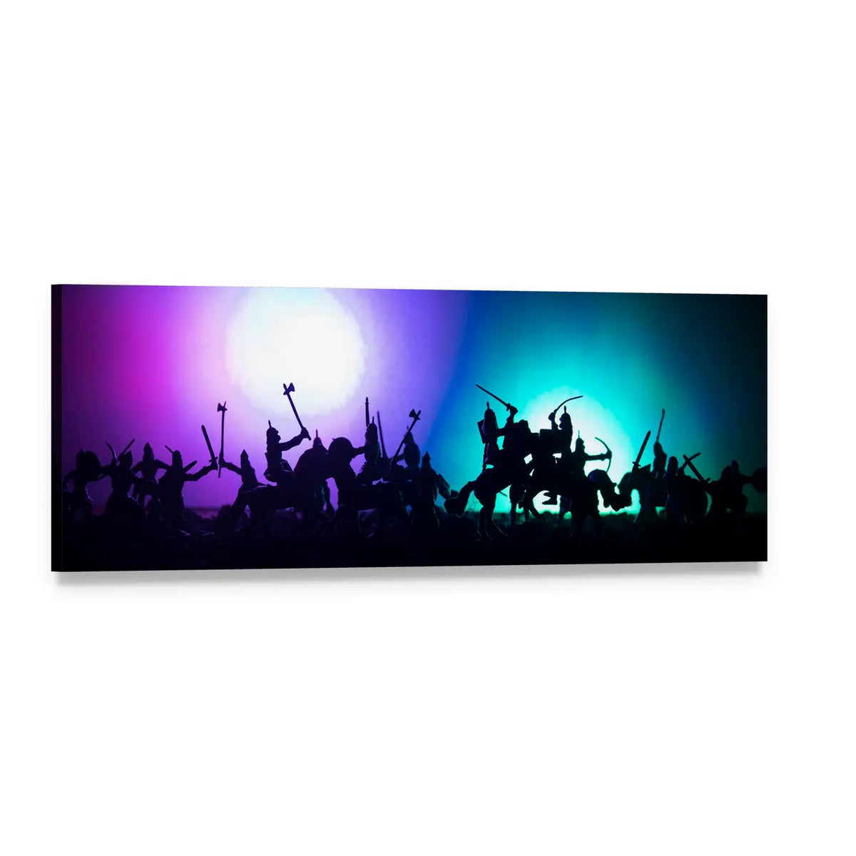 Medieval Warrior Battle Silhouttes Panoramic Canvas Wall Art, single panel gallery wrapped canvas, angled product view