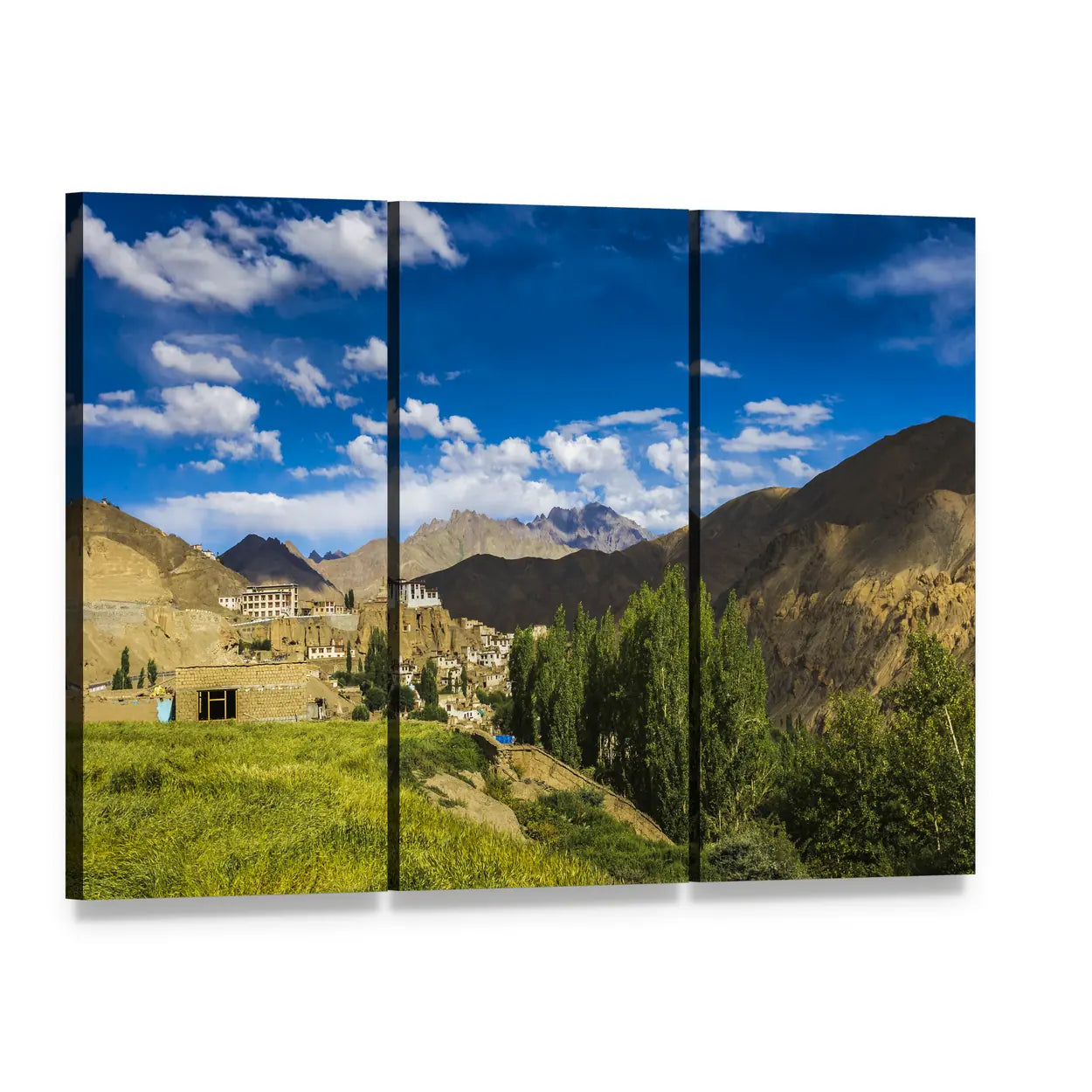 Ladakh Village Road with Green Fields Canvas Wall Art, 3 panel 3 Horizontal layout gallery wrapped canvas set, angled product view