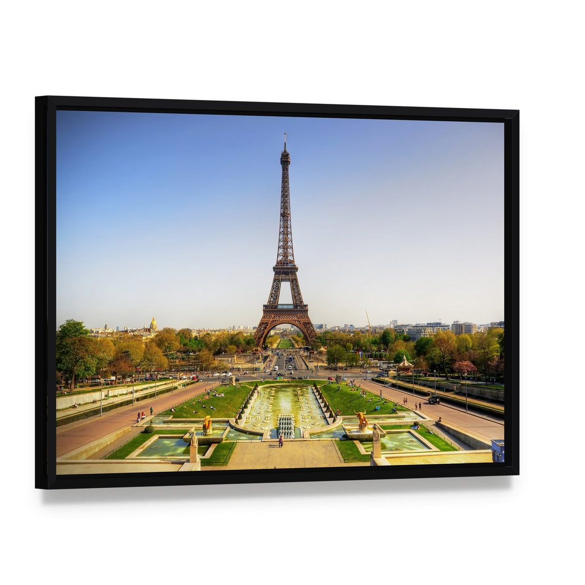 Eiffel Tower in Paris Canvas Wall Art, framed canvas in a black floater frame, angled product view