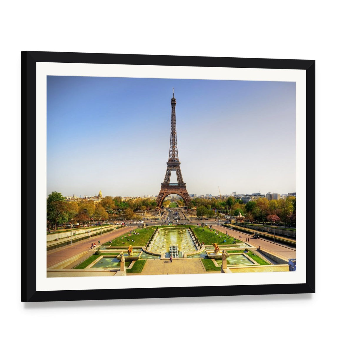Eiffel Tower in Paris Canvas Wall Art, framed print with white mat and black frame, angled product view