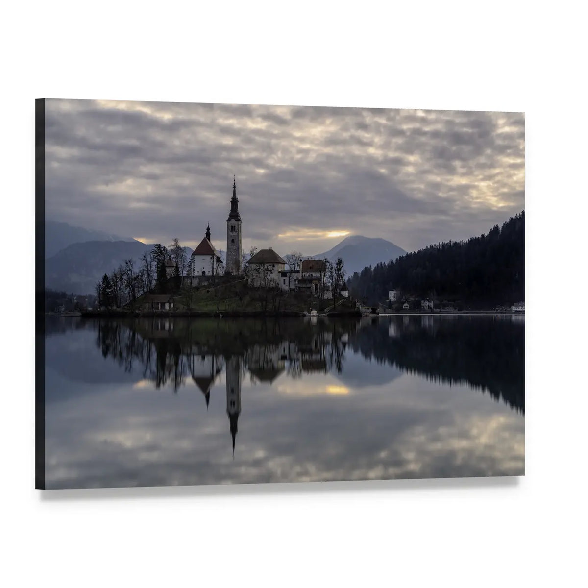 Lake Bled Island Reflection Canvas Wall Art, single panel gallery wrapped canvas, angled product view