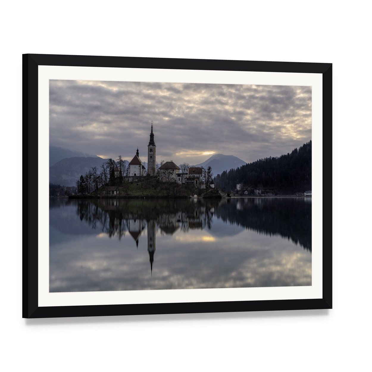 Glacial Lake Bled Reflection Canvas Wall Art, framed print with white mat and black frame, angled product view