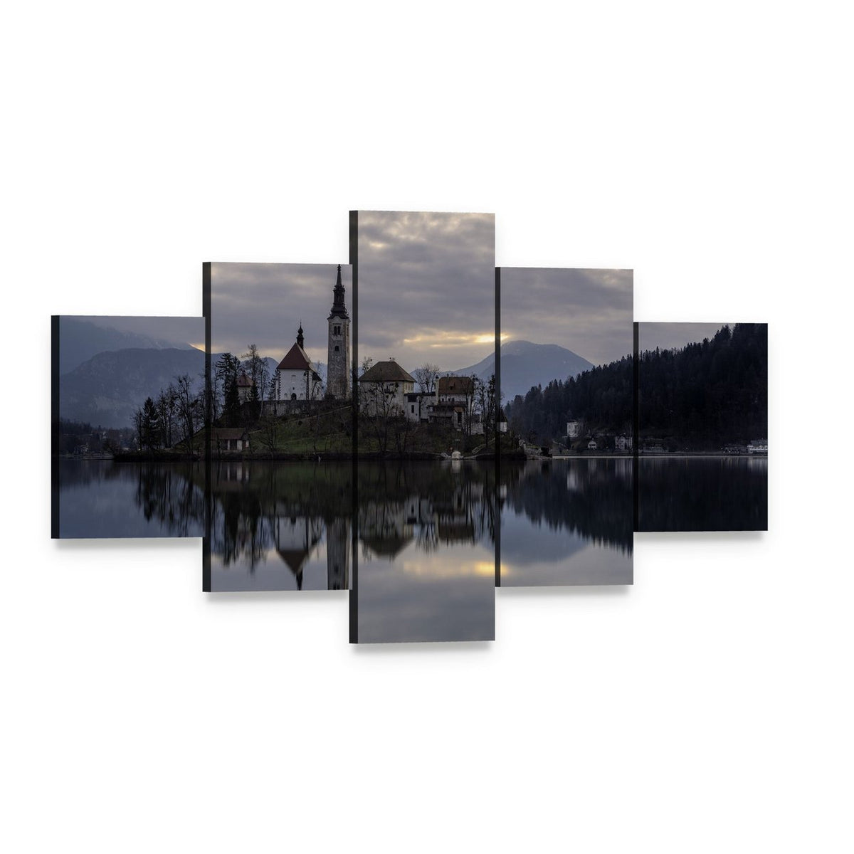 Glacial Lake Bled Reflection Canvas Wall Art, 5 panel 5 Star layout gallery wrapped canvas set, angled product view