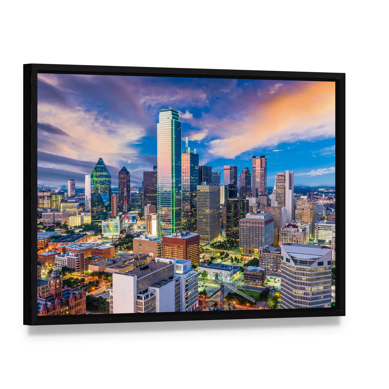 Dallas Skyline at Twilight Canvas Wall Art, framed canvas in a black floater frame, angled product view