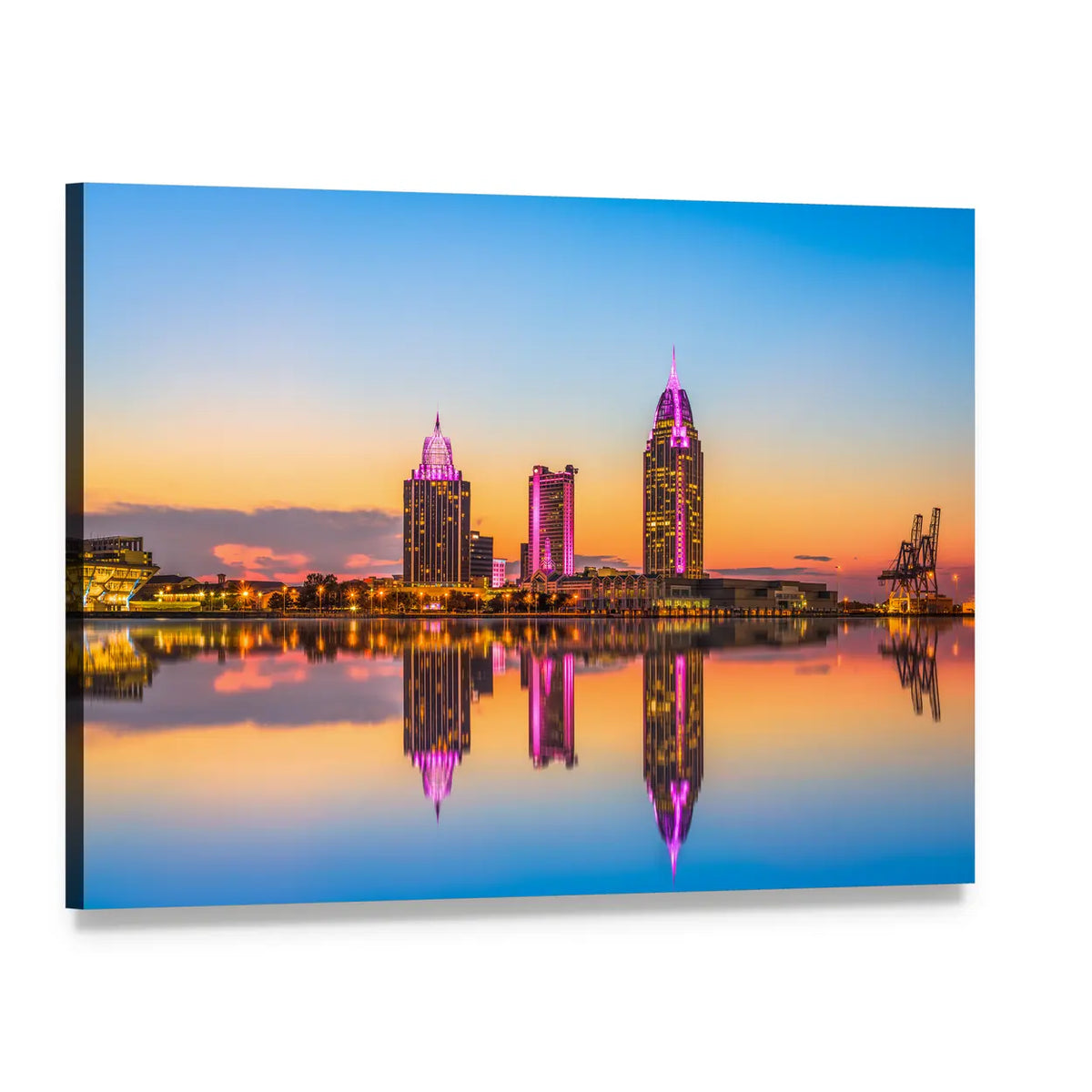Alabama Downtown Skyline at Dusk Canvas Wall Art, single panel gallery wrapped canvas, angled product view