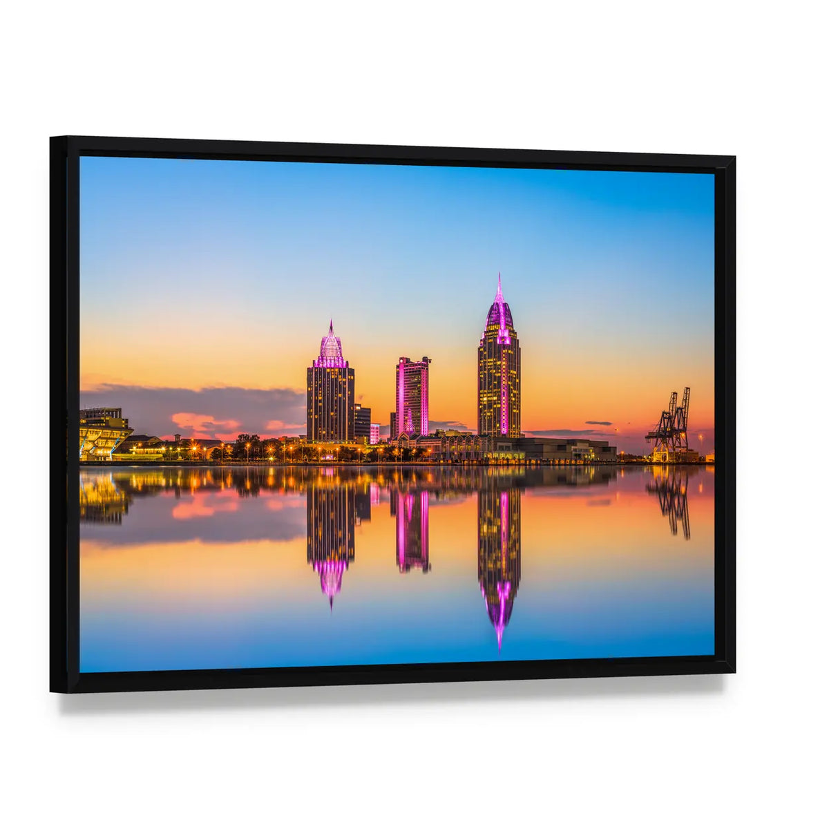 Alabama Downtown Skyline at Dusk Canvas Wall Art, framed canvas in a black floater frame, angled product view