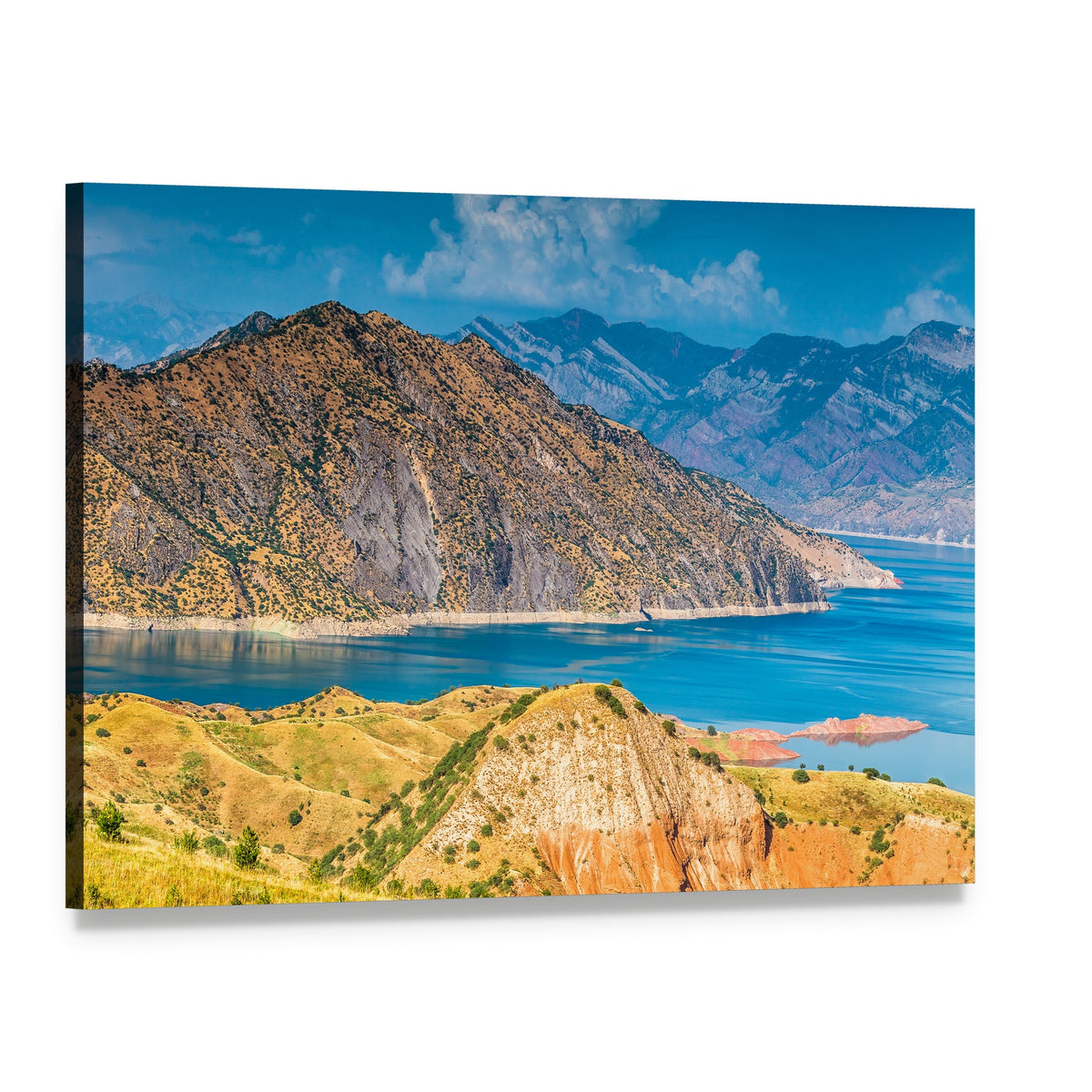 Turquoise Lake Among Rugged Mountain Peaks Canvas Wall Art, single panel gallery wrapped canvas, angled product view