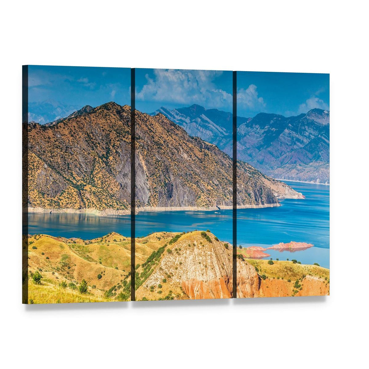 Turquoise Lake Among Rugged Mountain Peaks Canvas Wall Art, 3 panel 3 Horizontal layout gallery wrapped canvas set, angled product view