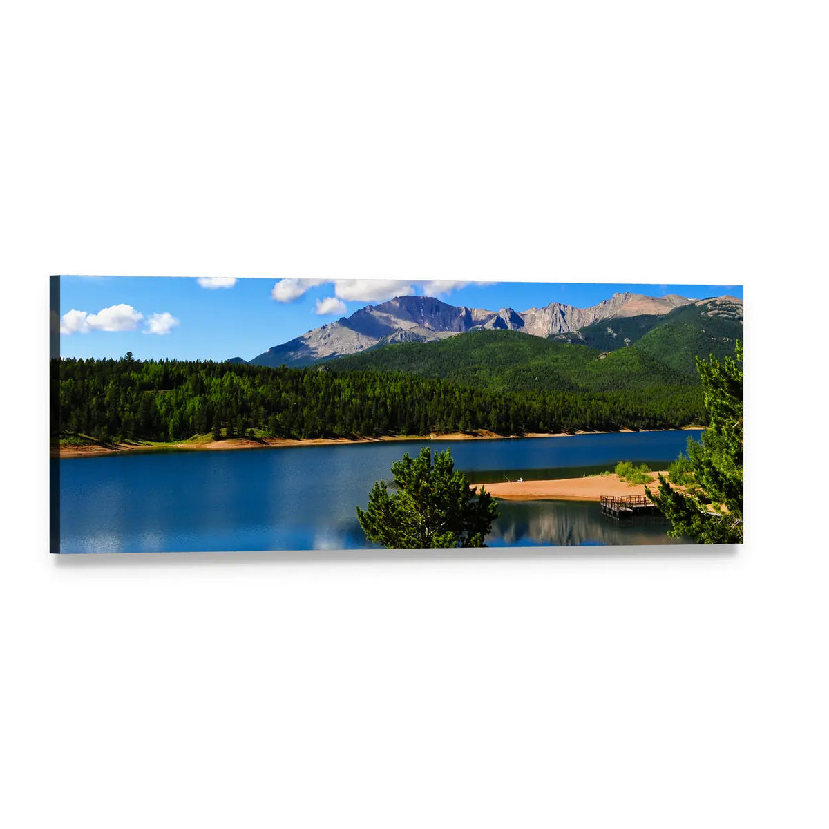 Reservoir Near Pikes Peak Panoramic Canvas Wall Art, single panel gallery wrapped canvas, angled product view