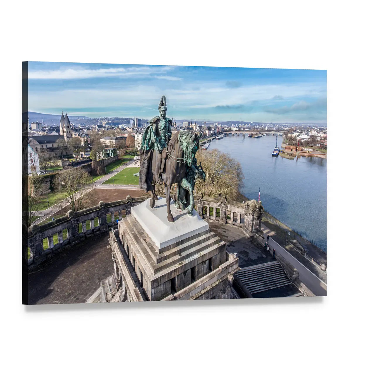 Koblenz Equestrian Monument by River Canvas Wall Art, single panel gallery wrapped canvas, angled product view