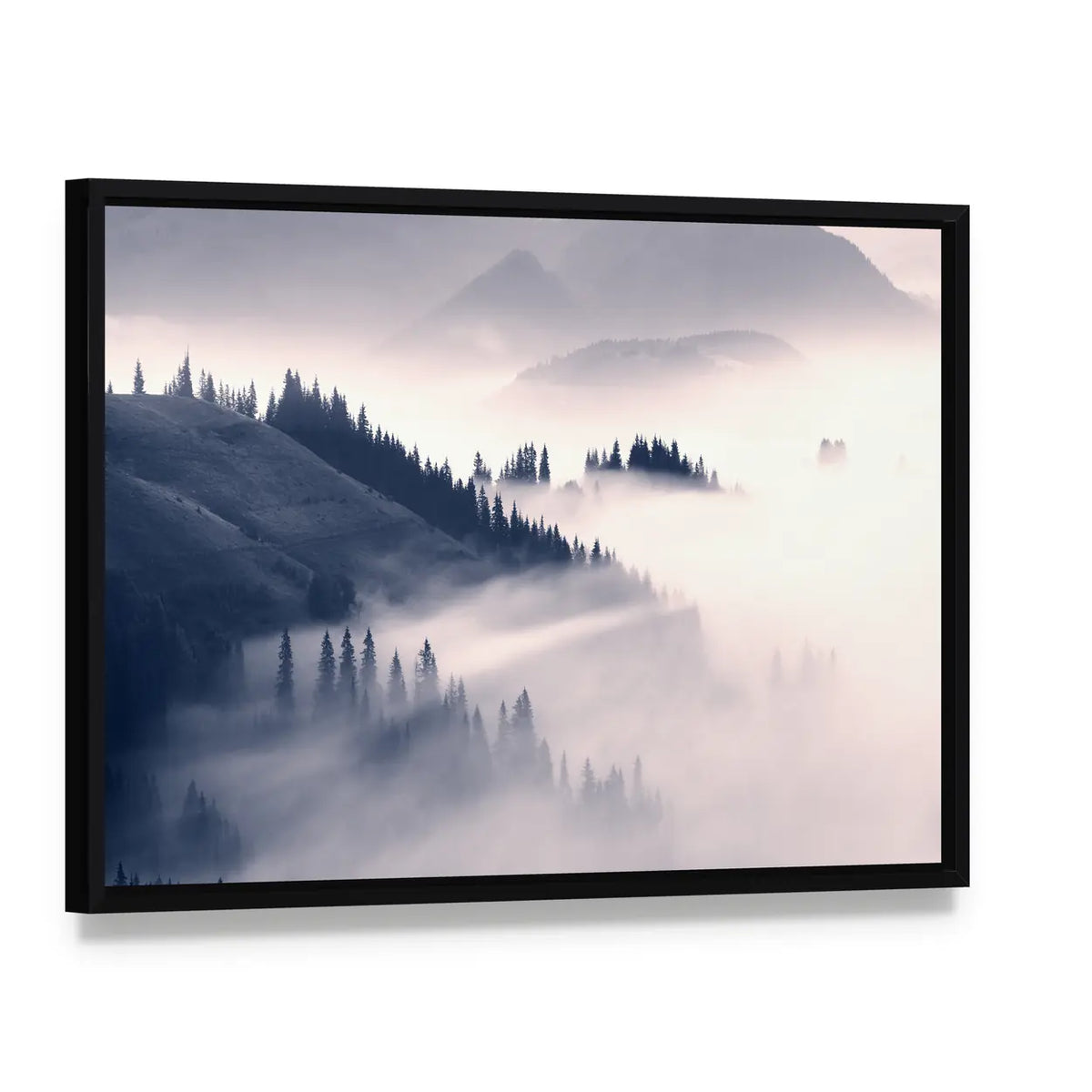 Foggy Carpathians In Ukraine Canvas Wall Art, framed canvas in a black floater frame, angled product view
