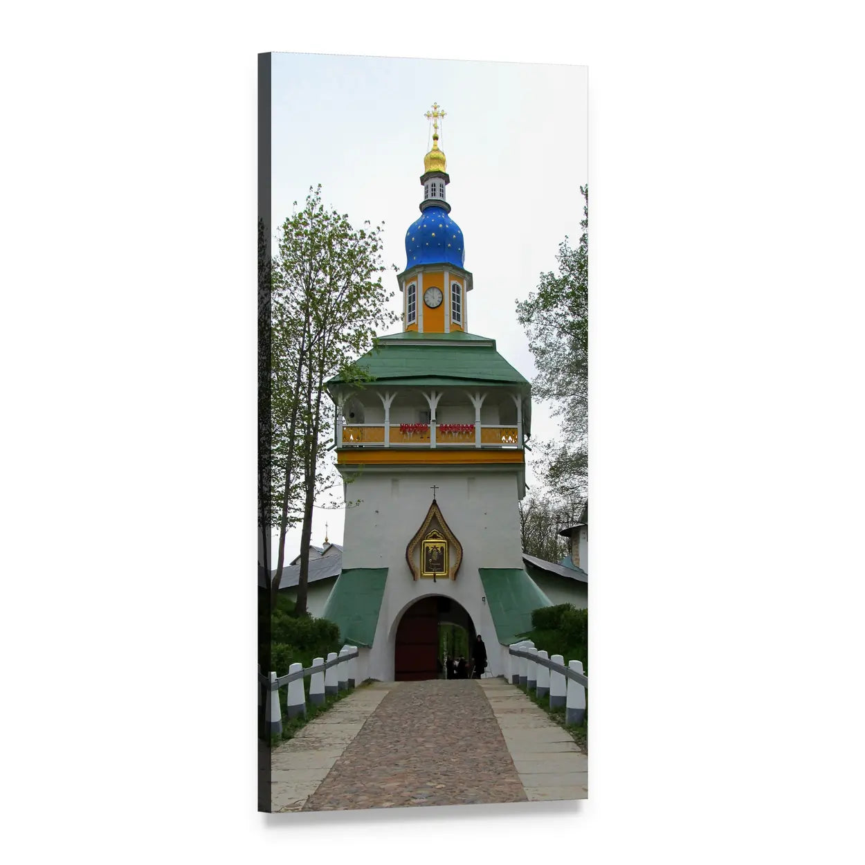 Pechory Monastery Church with Blue Dome Vertical Canvas Wall Art, 1 panel 1 Vertical layout gallery wrapped canvas set, angled product view