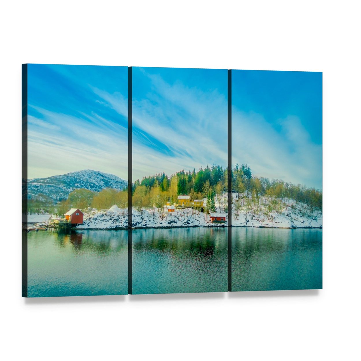 Red Cabins by Snowy Lake Canvas Wall Art, 3 panel 3 Horizontal layout gallery wrapped canvas set, angled product view