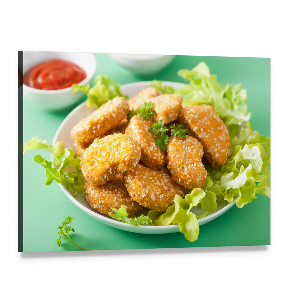 Vegan Soy Nuggets on White Plate Canvas Wall Art, single panel gallery wrapped canvas, angled product view