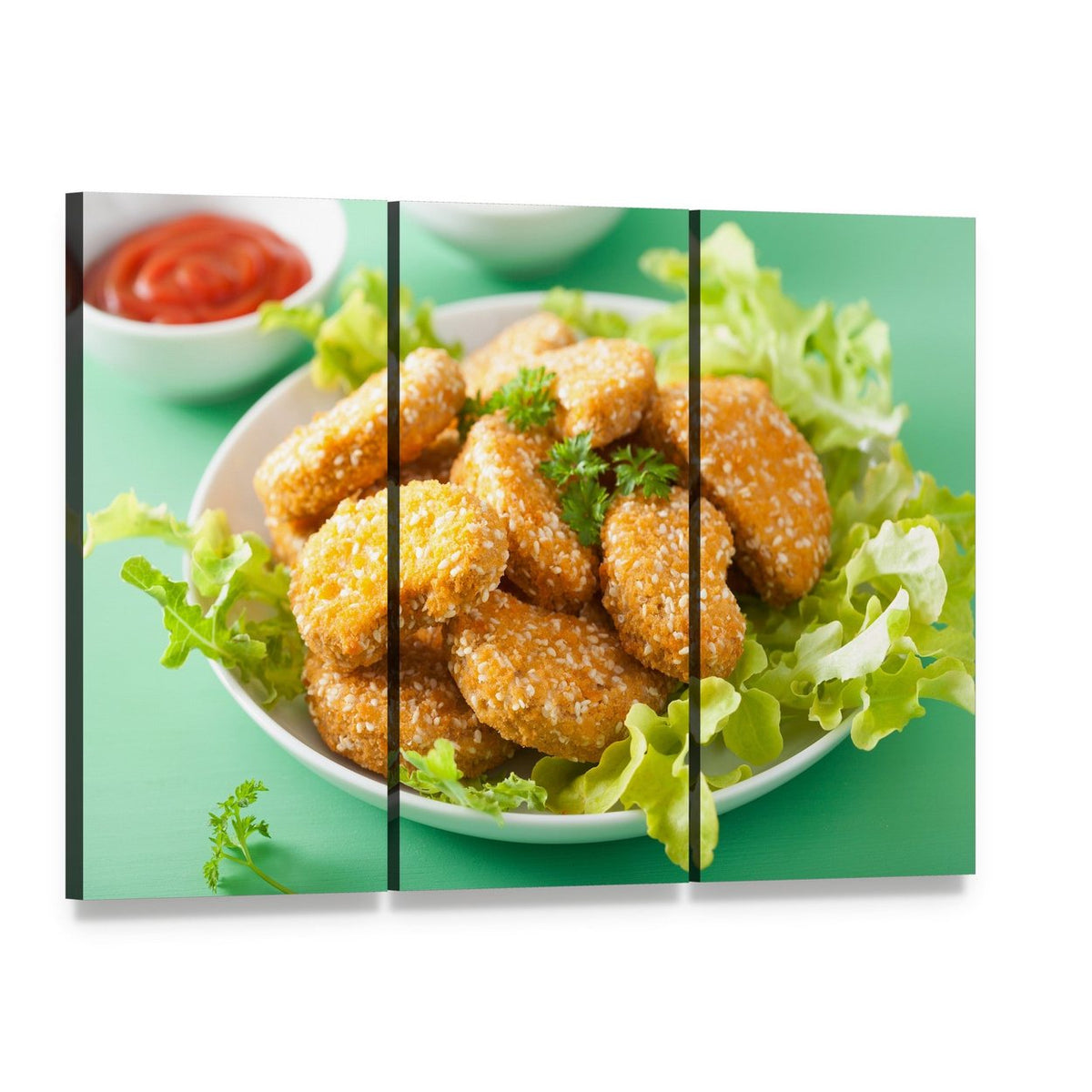 Vegan Soy Nuggets Close-up Canvas Wall Art, 3 panel 3 Horizontal layout gallery wrapped canvas set, angled product view