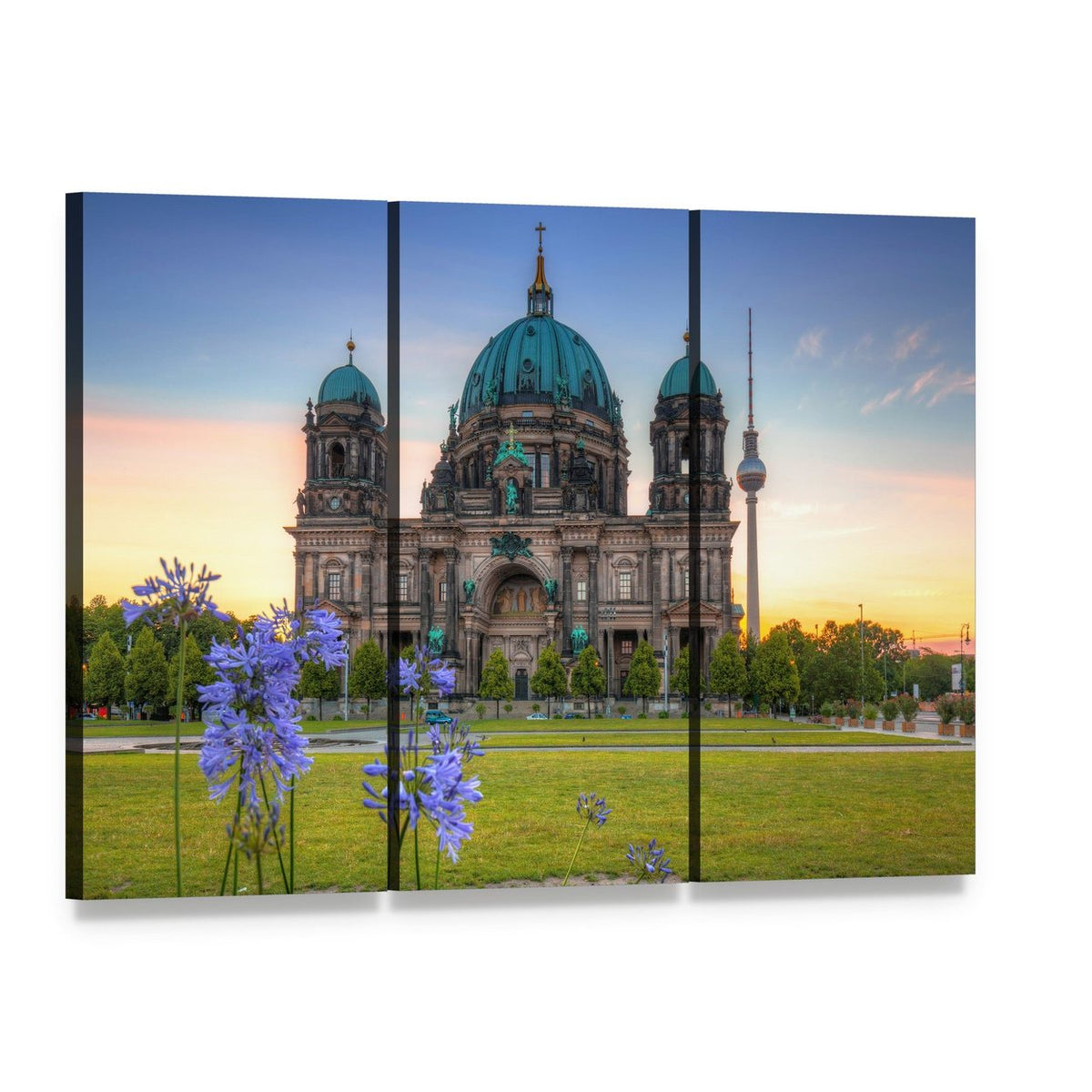 Berlin Cathedral at Sunrise Canvas Wall Art, 3 panel 3 Horizontal layout gallery wrapped canvas set, angled product view