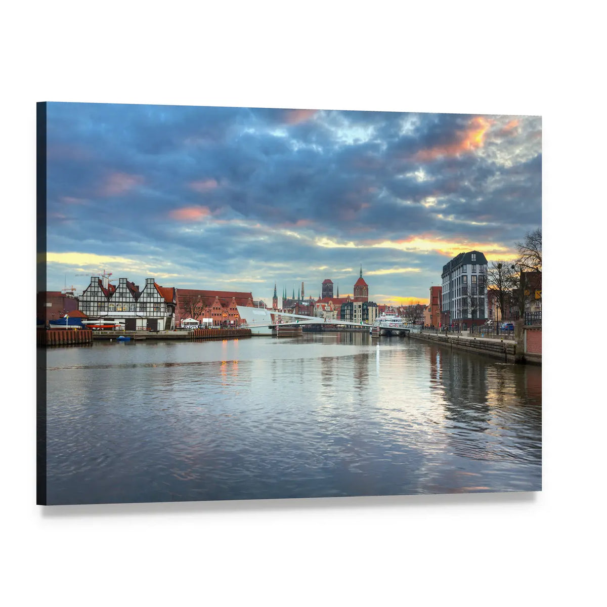 Old Town Gdansk Riverfront at Dusk Canvas Wall Art, single panel gallery wrapped canvas, angled product view