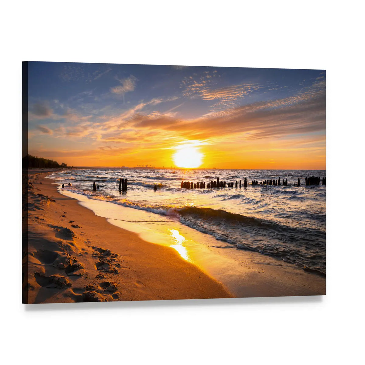 Sunset Over Baltic Beach with Wooden Pilings Canvas Wall Art, single panel gallery wrapped canvas, angled product view