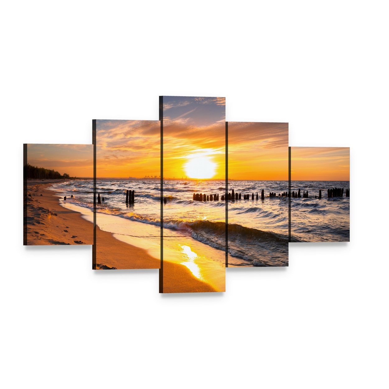 Glowing Beach Sunset with Footprints Canvas Wall Art, 5 panel 5 Star layout gallery wrapped canvas set, angled product view
