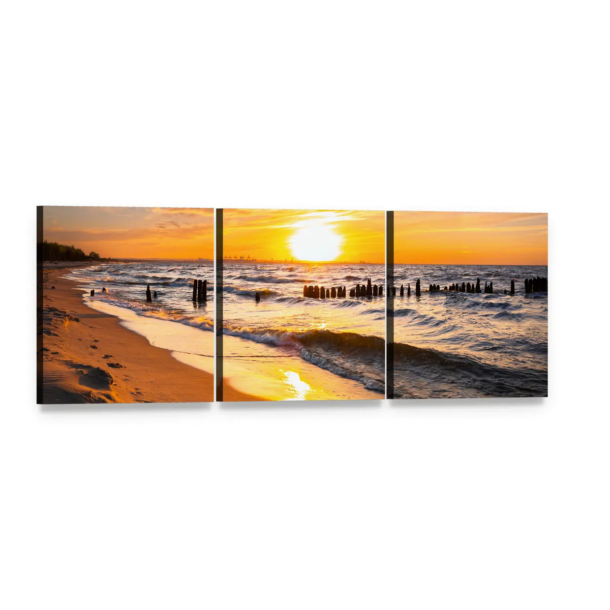 Sunset Over Baltic Sea Beach Panoramic Canvas Wall Art, 3 panel 3 Piece layout gallery wrapped canvas set, angled product view