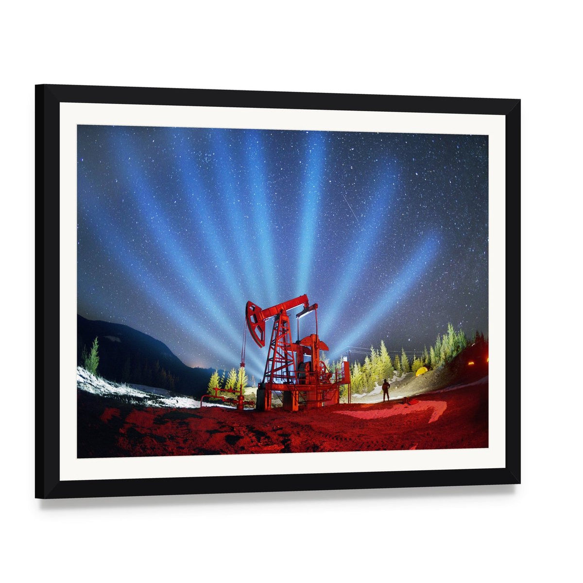 Oil Pump Beneath Aurora Borealis Canvas Wall Art, framed print with white mat and black frame, angled product view