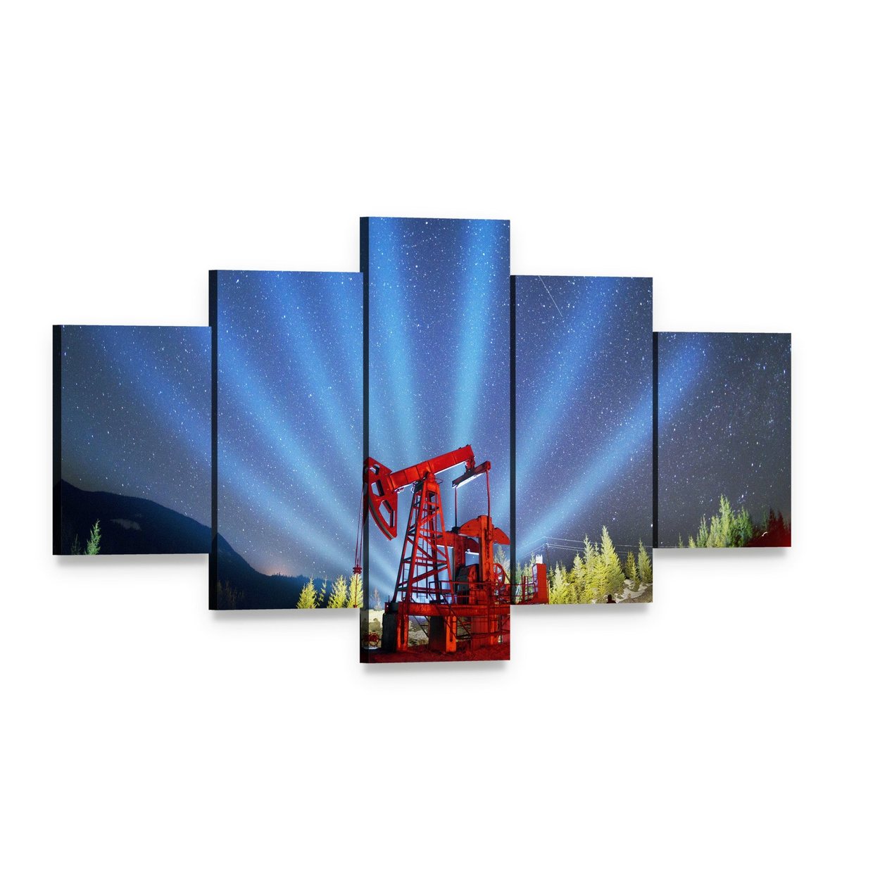 Oil Pump Beneath Aurora Borealis Canvas Wall Art, 5 panel 5 Star layout gallery wrapped canvas set, angled product view
