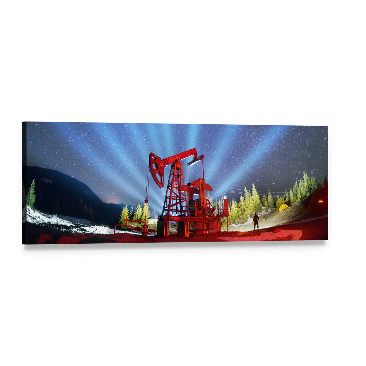 Red Oil Pump Jack Under Starry Night Panoramic Canvas Wall Art, single panel gallery wrapped canvas, angled product view