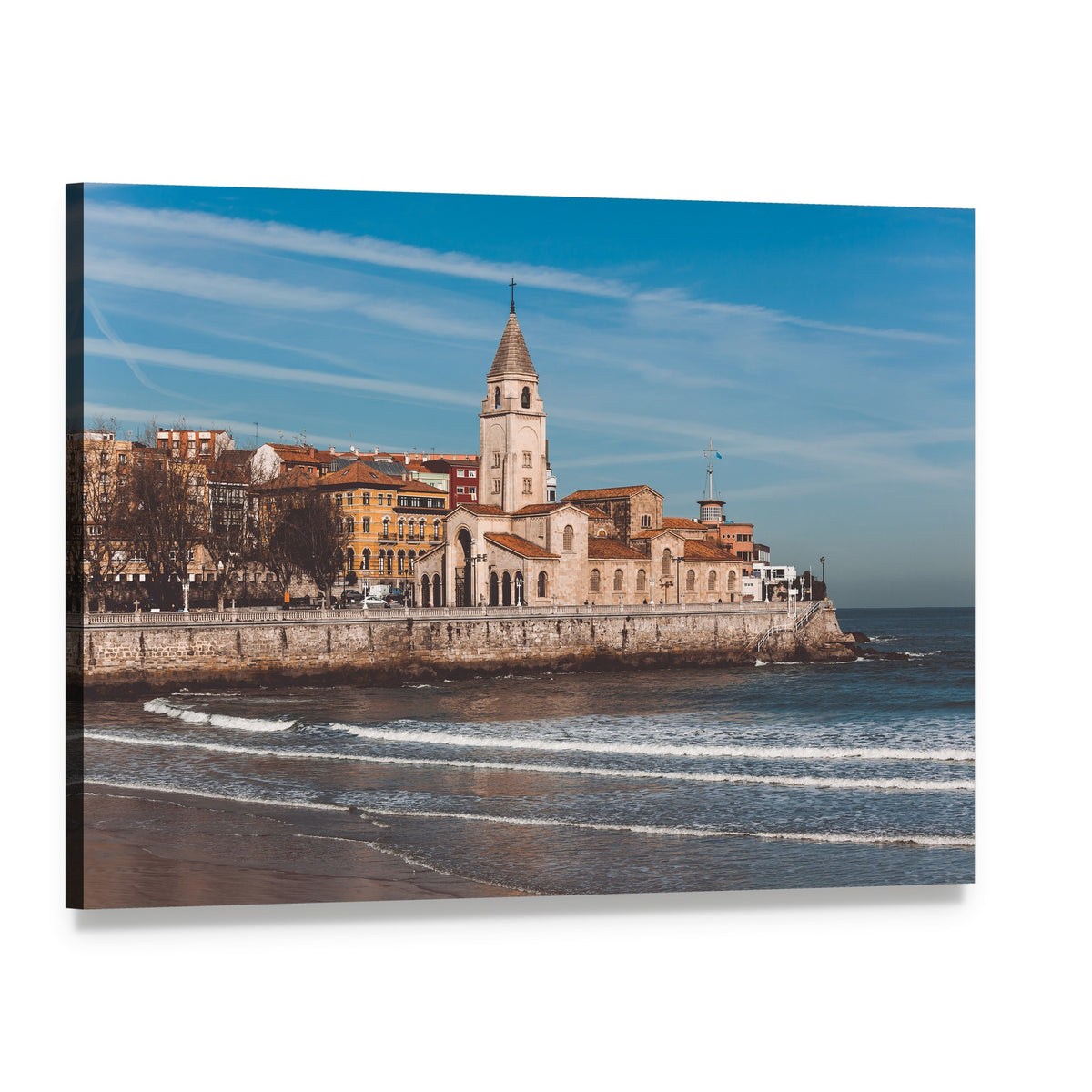 San Lorenzo Beach and San Pedro Church Canvas Wall Art, single panel gallery wrapped canvas, angled product view