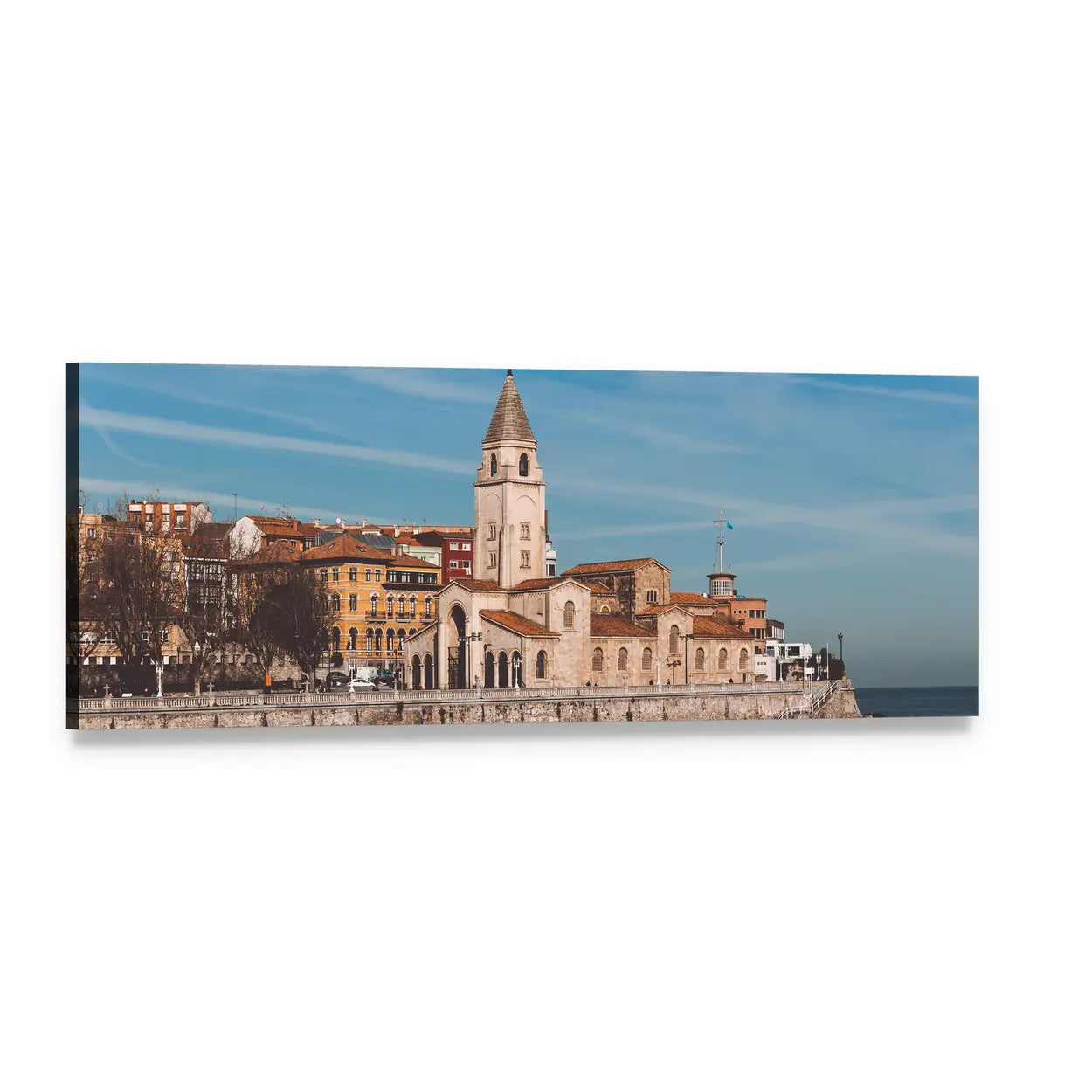 San Pedro Church on the Seafront Panoramic Canvas Wall Art, single panel gallery wrapped canvas, angled product view