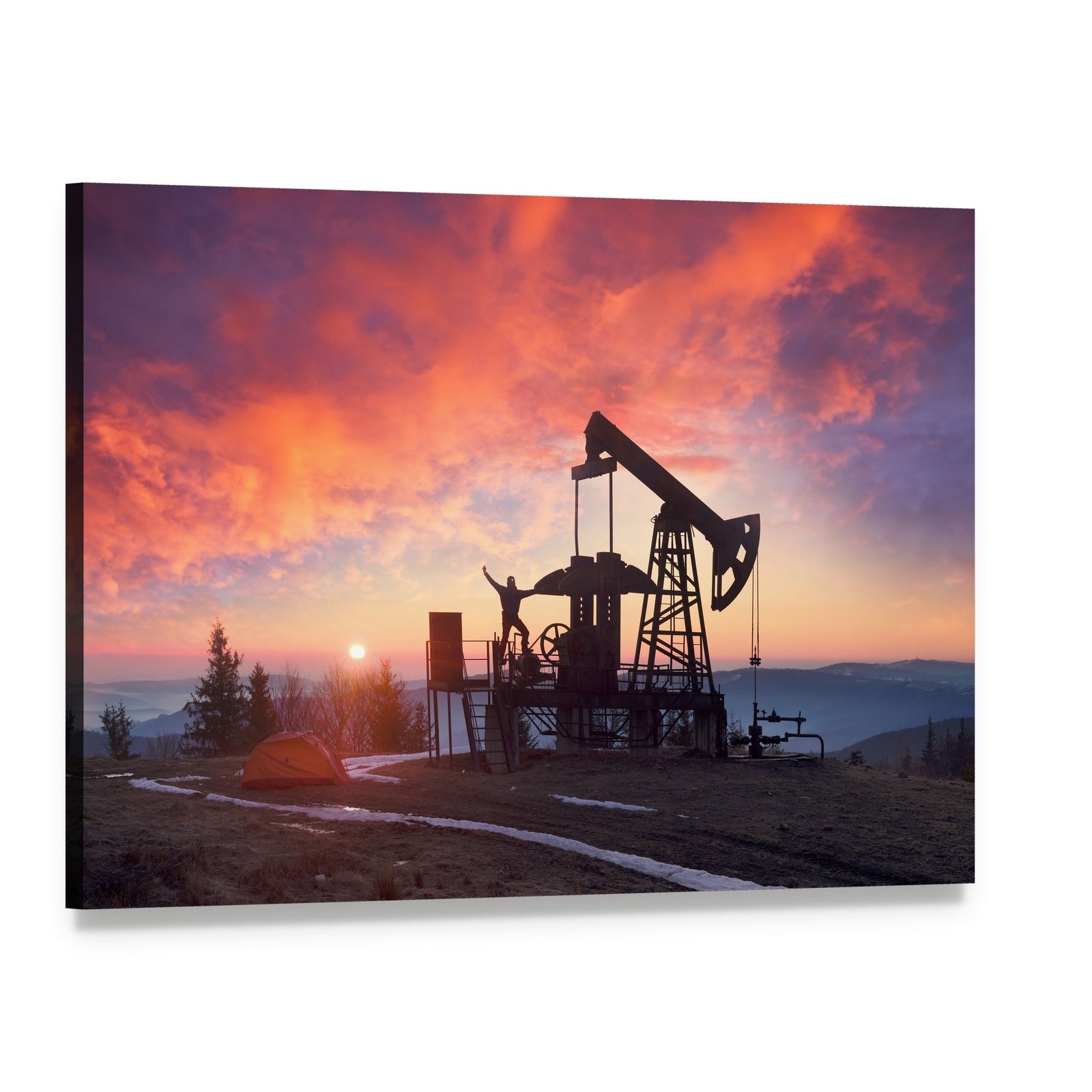 Oil Pumpjack at Sunset Canvas Wall Art, single panel gallery wrapped canvas, angled product view