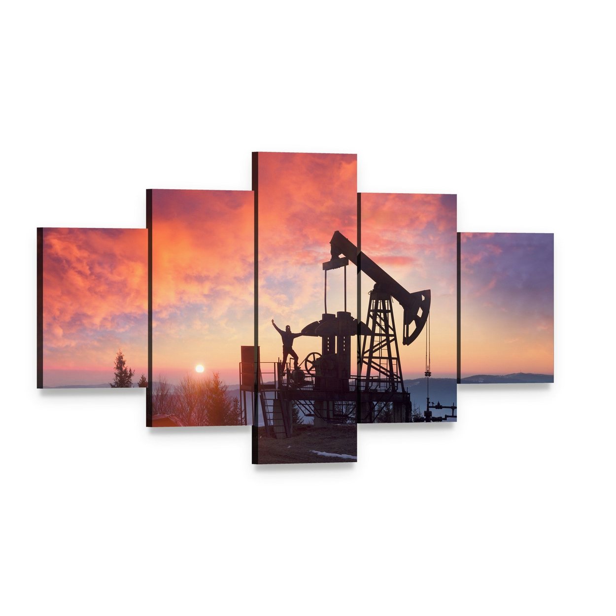 Oil Pumpjack at Sunset Canvas Wall Art, 5 panel 5 Star layout gallery wrapped canvas set, angled product view