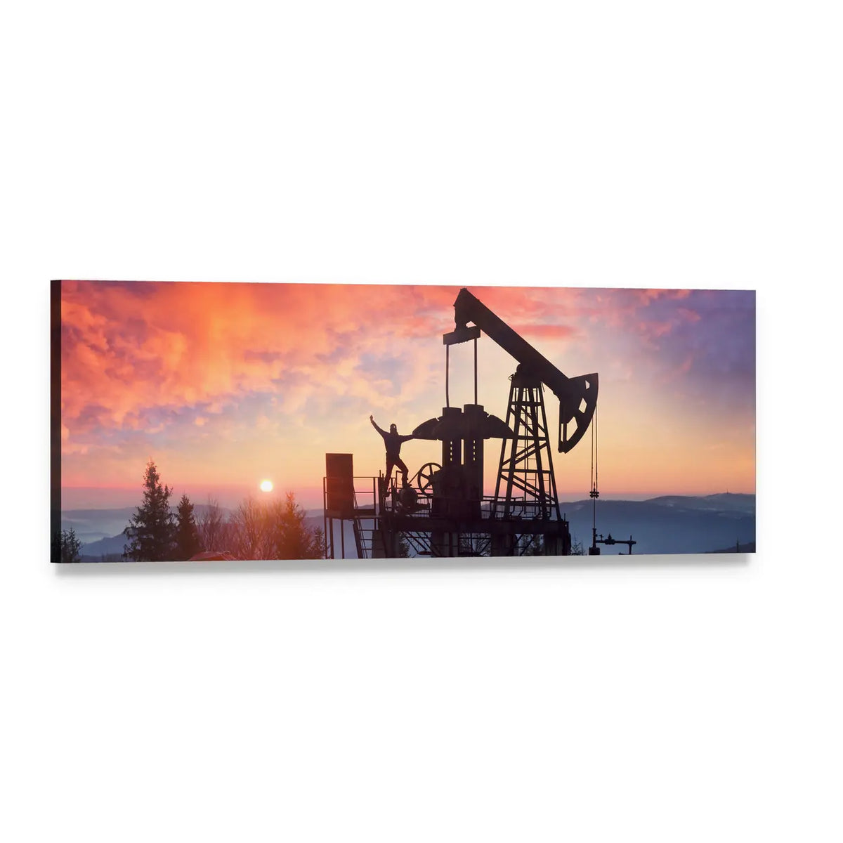 Oil Pump Jack at Sunset Panoramic Canvas Wall Art, single panel gallery wrapped canvas, angled product view