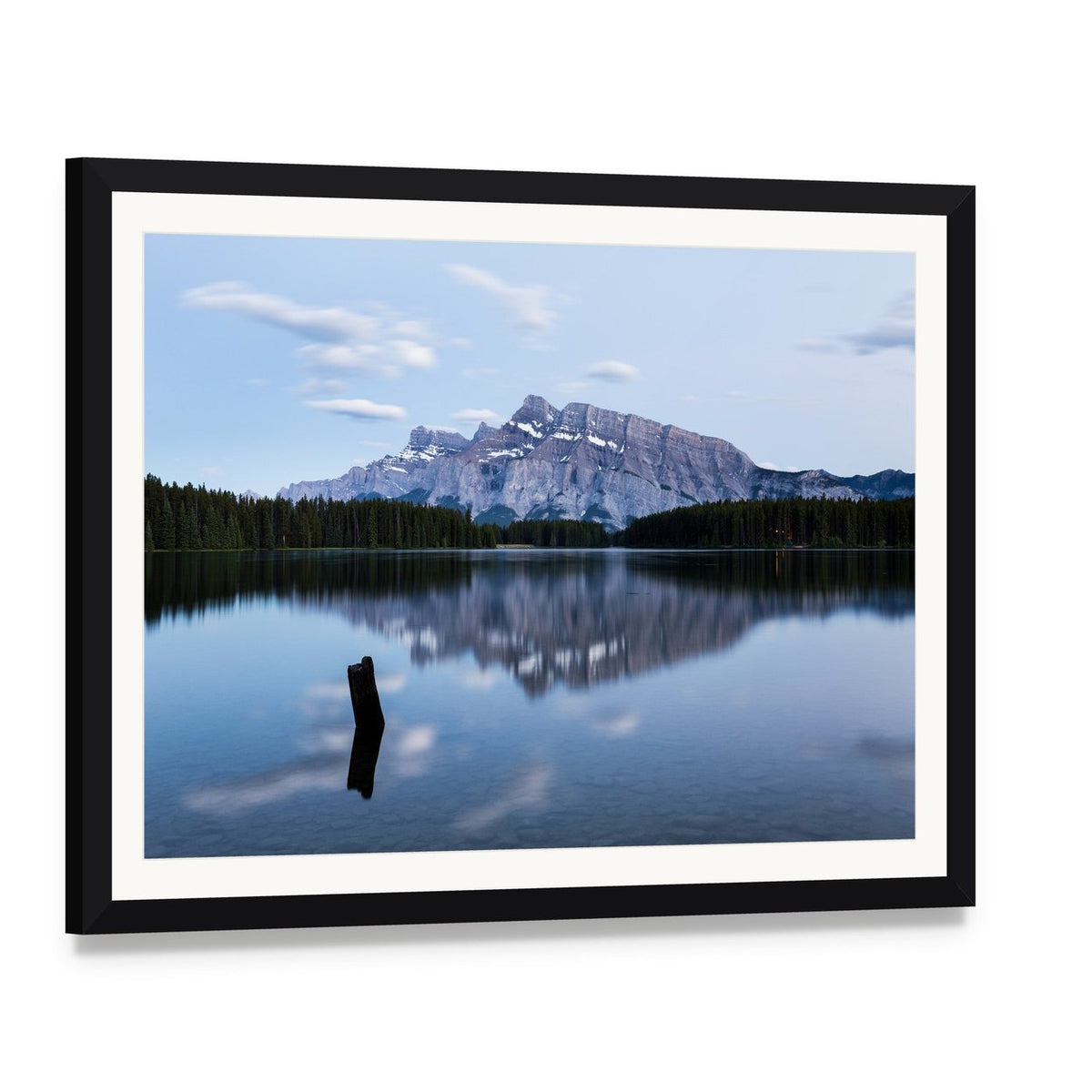 Two Jack Lake with Snow-capped Mountains Canvas Wall Art, framed print with white mat and black frame, angled product view